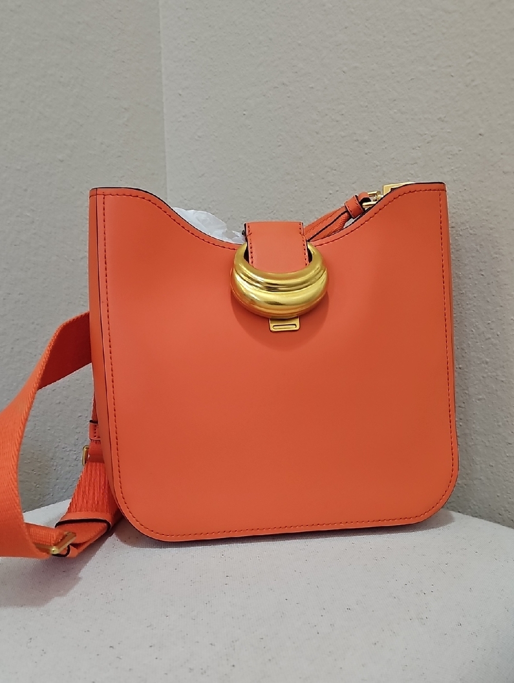 Donna Karan Orange Leather Crossbody with Gold Ring Detail
